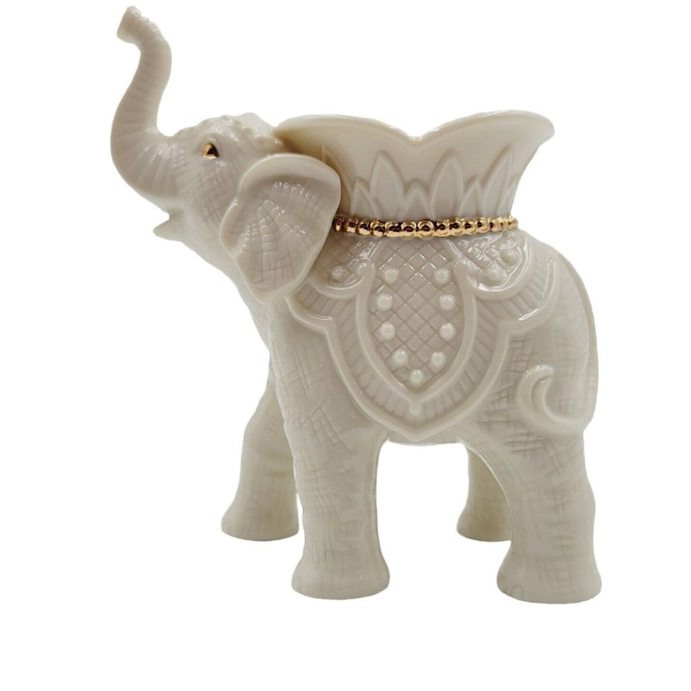 Lenox Gold Club hallmark Ivory & Gold Elephant Tealight Holder - Trunk Up! New!